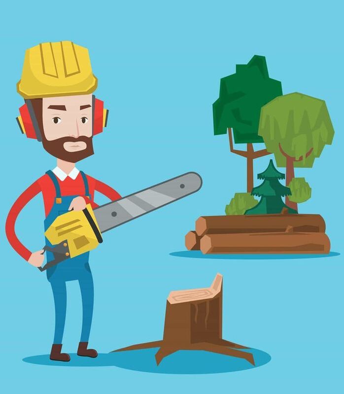 blue cartoon man with a chainsaw and a log